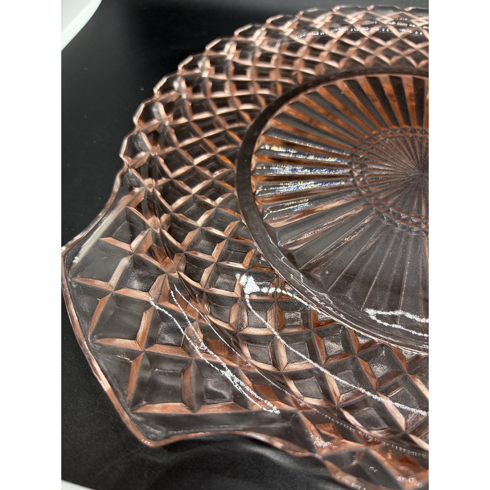 Vtg‎ Anchor Hocking Waterford Pink Glass Round Platter Cake Plate Handled 10"